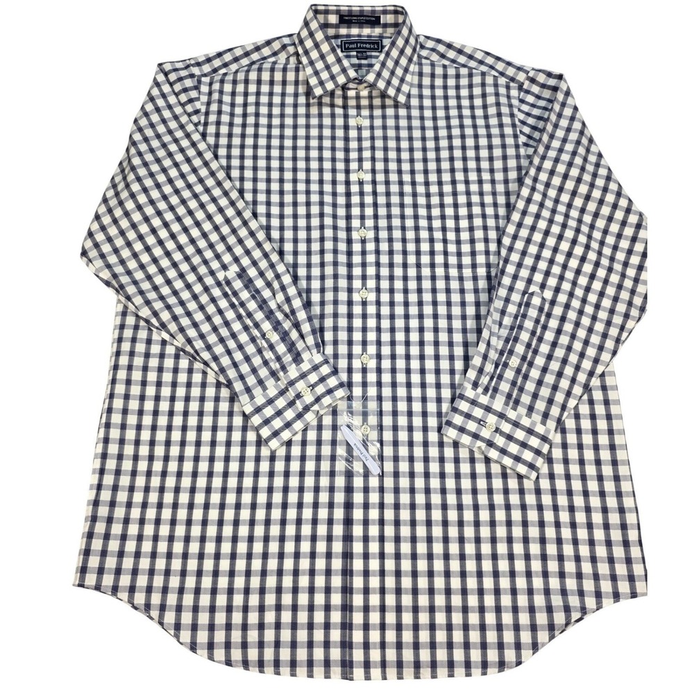 Paul Fredrick Men Blue/White Gingham Check Herringbone Cotton DressShirt 16.5-33